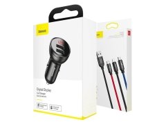 شارژر فندکی فست شارژ ماشین دو پورت و کابل سه سر بیسوس
