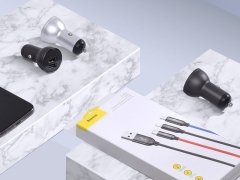 شارژر فندکی فست شارژ ماشین دو پورت و کابل سه سر بیسوس