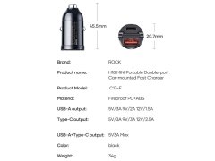 شارژر فندکی یو اس بی و تایپ سی 30 وات راک ROCK H18 Mini Dual-port A+C Fast Charging 48W Car Charger