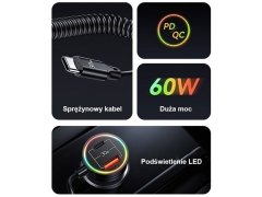 شارژر موبایل داخل ماشین دوپورت تایپ سی و یو اس بی و کابل تایپ سی 60 وات یوسامز