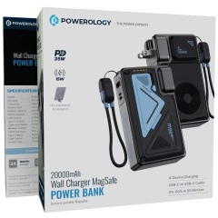 پاوربانک 20000 وایرلس و شارژر دیواری تایپ‌سی، USB و لایتنینگ فست شارژ 35 وات پاورولوژی