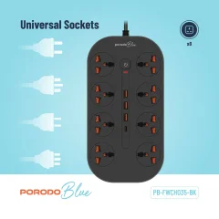 خرید چندراهی برق 8 سوکت 3000 وات، یک تایپ سی و سه USB پورودو