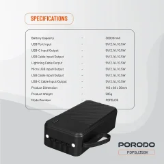 پاور بانک 30000 پورودو Porodo مدل PDPBJ35BK با کابل و چراغ قوه