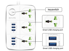 چند راهی 3 سوکت و 6 یو اس بی باوین Bavin 3 Power Socket 6 USB