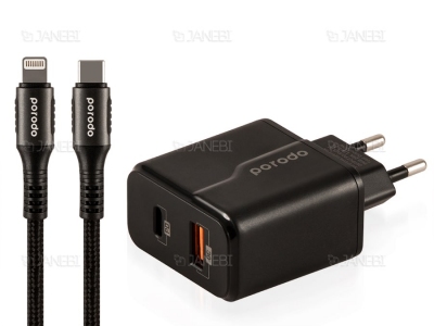 آداپتور دیواری پورودو با کابل تایپ سی به لایتنینگ Porodo PD & QC Wall Charger 20W-EU PD-18PDEUL