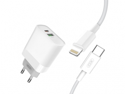 شارژر دیواری فست شارژ تایپ‌سی و یواس‎بی همراه کابل لایتنینگ ایکس‌او XO 18W FAST EU QC3.0+PD FAST charger with type-c fast cable iphon L64
