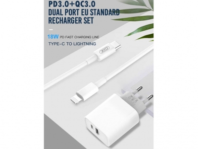 شارژر دیواری فست شارژ تایپ‌سی و یواس‎بی همراه کابل لایتنینگ ایکس‌او XO 18W FAST EU QC3.0+PD FAST charger with type-c fast cable iphon L64