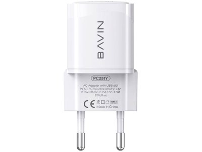 شارژر دیواری تایپ‌سی فست شارژ باوین BAVIN 20W PD Wall Travel Mobile Phone Adapter Fast Charger PC251Y