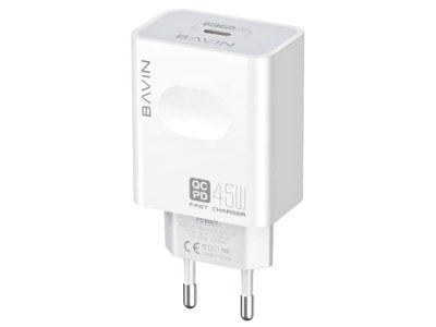 شارژر دیواری فست شارژ با کابل تایپ ‎سی باوین BAVIN Intelligent 45W PD Fast QC3.0 Wall Charger Adapter USB-C PC800Y