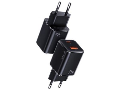 شارژر دیواری 2 پورت 33 واتی فست‌شارژ یوسامز USAMS US-CC144 T43 33W USB+Type-C Dual Port GaN Wall Charger