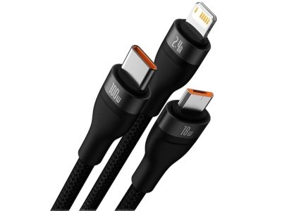 کابل سوپر فست شارژ سه سر یو اس بی به میکرو، تایپ‌ سی و لایتنینگ 1.2 متر بیسوس Baseus Flash Series Ⅱ Cable USB to M+L+C 100W CASS030001