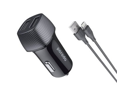 شارژر فندکی فست شارژ با کابل لایتنینگ پورودو Porodo Dual Port Car Charger Lightning Cable PD-34CCV2L