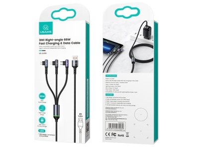 کابل شارژ سریع و انتقال داده چند سر یوسامز 1.2 متری USAMS US-SJ561 U80 66W Elbow Digital Data Cable