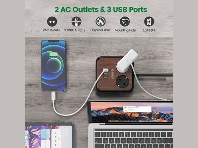 چند راهی دو سوکت و 3 یو اس بی اوریکو قابل نصب روی دیوار  ORICO APD-2A3U-EU Power Strip USB Charger 3M