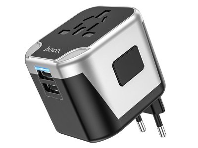 شارژر دیواری فست دو پورت یو اس بی و یک سوکت برق با دوشاخه های مختلف هوکو Hoco Wall charger AC5 Level