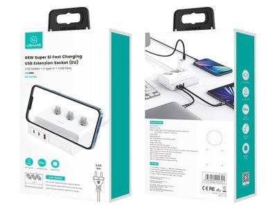 چند راهی برق سه سوکت، دو یو اس بی و یک تایپ سی 65 وات یوسامز USAMS US-CC160 P1 65W Super Si Fast Charging electric power