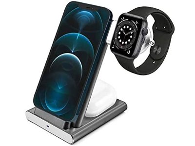 شارژر بی سیم اپل واچ، آیفون و ایرپاد کوتتسی Coteetci 3in1 Aluminium Wireless Charging Stand CS5700-GY