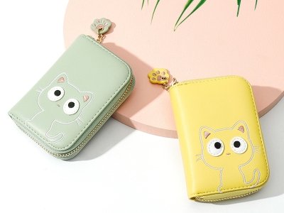 کیف پول عروسکی دخترانه با زنجیر تزئینی TAOMICMIC 929592  Cute Cat Shape PU Leather Women Card Purse