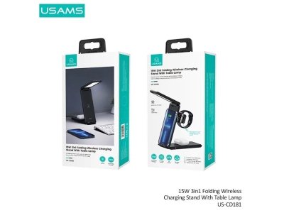 شارژر بی سیم 4 در 1 تاشوی رومیزی 15 وات همراه با چراغ یوسامز USAMS US-CD181 15W 4 in 1 Folding Desktop Wireless Charger