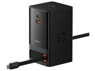 شارژر دیواری و آداپتور برق سوپر فست شارژ 65 وات با کابل تایپ سی جمع شونده بیسوس Baseus Gan5 Pro Digital Power Strip PSLR000001
