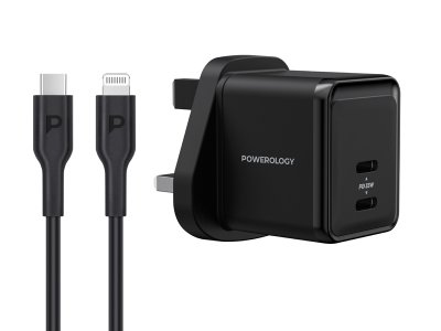 شارژر دیواری تایپ سی 35 وات همراه کابل لایتنینگ 1.2 متری پاورولوژی Powerology Super Compact Gan Charger PWCUQC012-BK