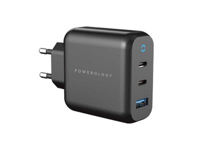 شارژر دیواری فست تایپ سی و یو اس بی 65 وات پاورولوژی Powerology Triple Output EU GaN Charger P65PDWEUBK