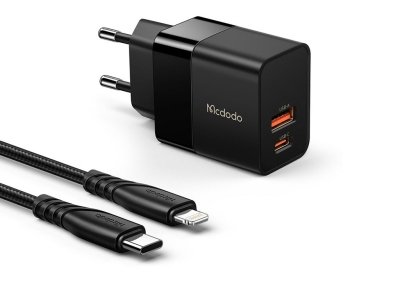 شارژر دیواری 2 پورت 20 وات به‌همراه کابل تایپ‌سی به لایتنینگ مک‌دودو MCDODO CH-1952 Hydrogen Series 20W Charger + Type-C to Lightning Cable