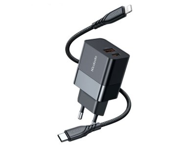 شارژر دیواری 2 پورت 20 وات به‌همراه کابل تایپ‌سی به لایتنینگ مک‌دودو MCDODO CH-1952 Hydrogen Series 20W Charger + Type-C to Lightning Cable