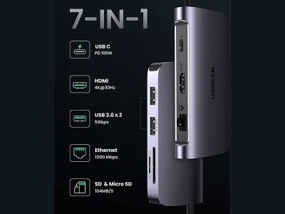 هاب تایپ سی 7 در 1 یوگرین Ugreen CM212 50852 Hub 7 in 1 Type C Dock Adapter