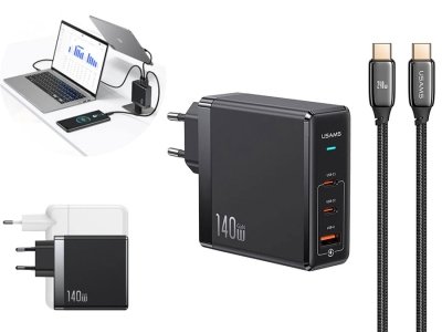 شارژر دیواری تایپ سی و یو اس بی سوپر فست شارژ 140 وات همراه کابل تایپ سی یوسامز USAMS US-CC168 Fast Charger With Type-C Cable
