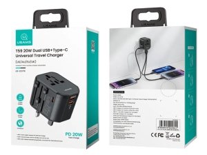 شارژر مسافرتی و تبدیل برق دو یواس‌بی، یک تایپ‌سی و یک سوکت برق 20 وات یوسامز USAMS US-CC179 T59