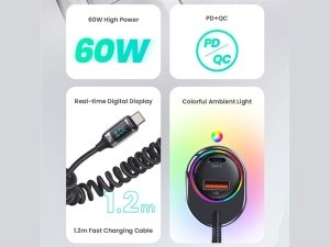 شارژر فندکی فست شارژ ماشین تایپ سی 60 وات دارای کابل تایپ سی 30 وات یوسامز US-CC192 C37