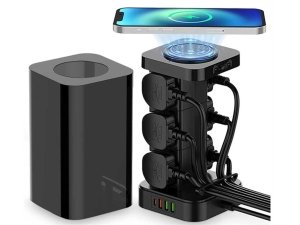 چند راهی برق شش سوکت 2500 وات و شارژر بی سیم 15 وات سه یو اس بی و یک تایپ سی الدینیو LDNIO TOWER 3 in 1 Power Extension Cord SKW6457
