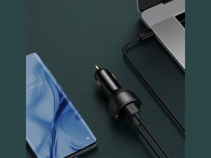 شارژر فندکی فست شارژ ماشین تایپ سی 100 وات بیسوس دارای کابل دو سر تایپ سی TZCCZX-01