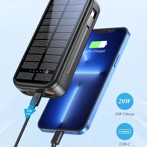پاور بانک خورشیدی تایپ سی و یو اس بی 20 وات 20000 همراه با کابل تایپ سی و لایتنینگ گرین لاین GNPDSOLPB20BK