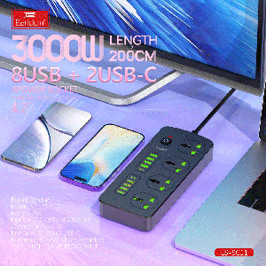 چندراهی برق جهانی یک سوکت، دو تایپ سی و هشت یو‌اس‌بی 3000 وات ارلدام ES-SC11
