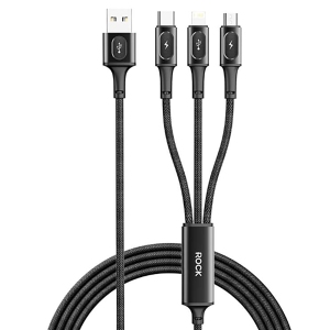 کابل شارژ چندکاره USB به میکرو، تایپ‌ سی و لایتنینگ 3.5 آمپر 1.2 متر راک