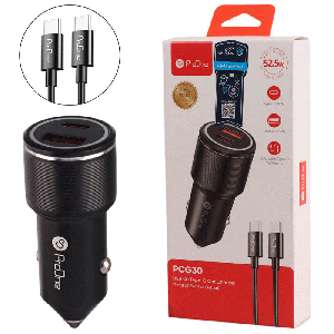 شارژر فندکی فست شارژ ماشین 30 وات Type-C و USB پرووان با کابل دوسر تایپ‌سی PCG30