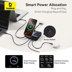 شارژر وایرلس 15 وات و هاب شارژر USB، تایپ‌سی و کابل تایپ‌سی جمع شونده 140 وات بیسوس Baseus CCNMS140 P10170901123-00