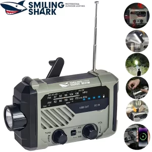چراغ قوه شارژی و لامپ کمپینگ خورشیدی ضدآب اسمایلینگ شارک Smiling Shark YJ-D290 با رادیو، پاوربانک و ژنراتور دستی