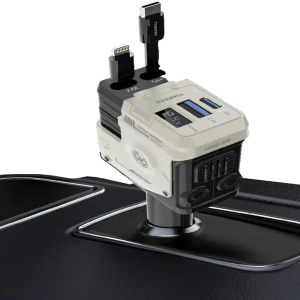 شارژر فندکی فست شارژ ماشین تایپ‌سی و یو‌اس‌بی 120 وات مکسول Maxwell DRIVE HUB با کابل جمع شونده لایتنینگ و تایپ‌سی