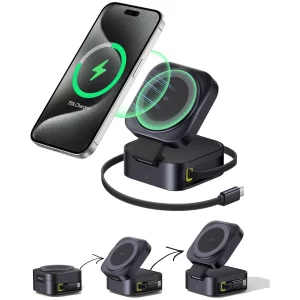 شارژر وایرلس 15 وات و هولدر موبایل مگنتی رومیزی بیسوس Baseus PicoGo BSW-540 با کابل تایپ سی جمع شونده 67 وات