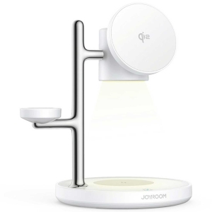 شارژر وایرلس Qi2 گوشی، اپل واچ و ایرپادز 4 کاره جویروم JOYROOM JR-W23 با چراغ خواب