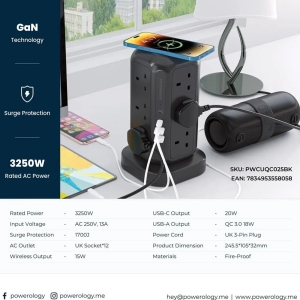 چند راهی برق پاورولوژی مدل PWCUQC025BK وایرلس با 12 سوکت و 4 پورت