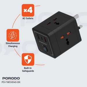 چند راهی برق دیواری پورودو Porodo مدل PD-FWCH040 با 4 سوکت و 3 پورت