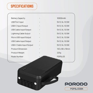 پاوربانک 10000 پورودو Porodo مدل PDPBJ33BK توان 10.5 وات