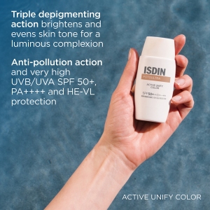 فلوئید ضدآفتاب رنگی ایزدین SPF50 مدل Active Unify ‌مناسب انواع پوست حجم 50ml