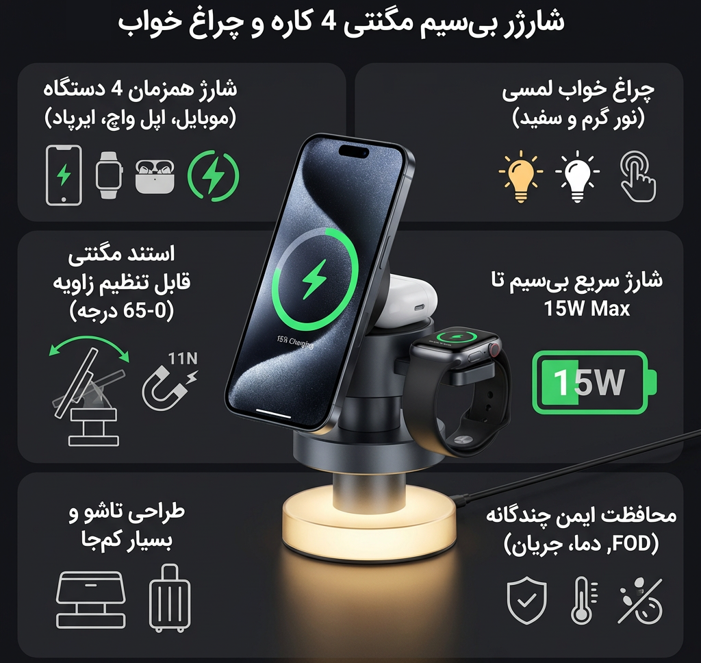 هولدر شارژر وایرلس چراغ خواب